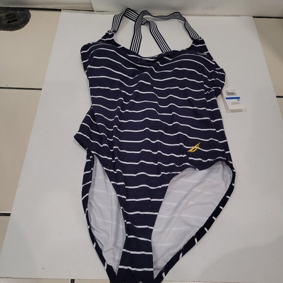 Nautica One Piece Swimsuit DeepSea Stripe Cross Back Straps Size L & XL New - Picture 3 of 15